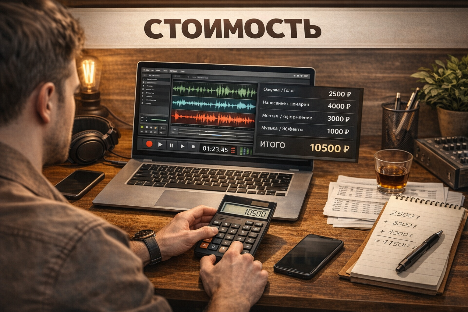 расчет стоимости аудиорекламы и работа за ноутбуком